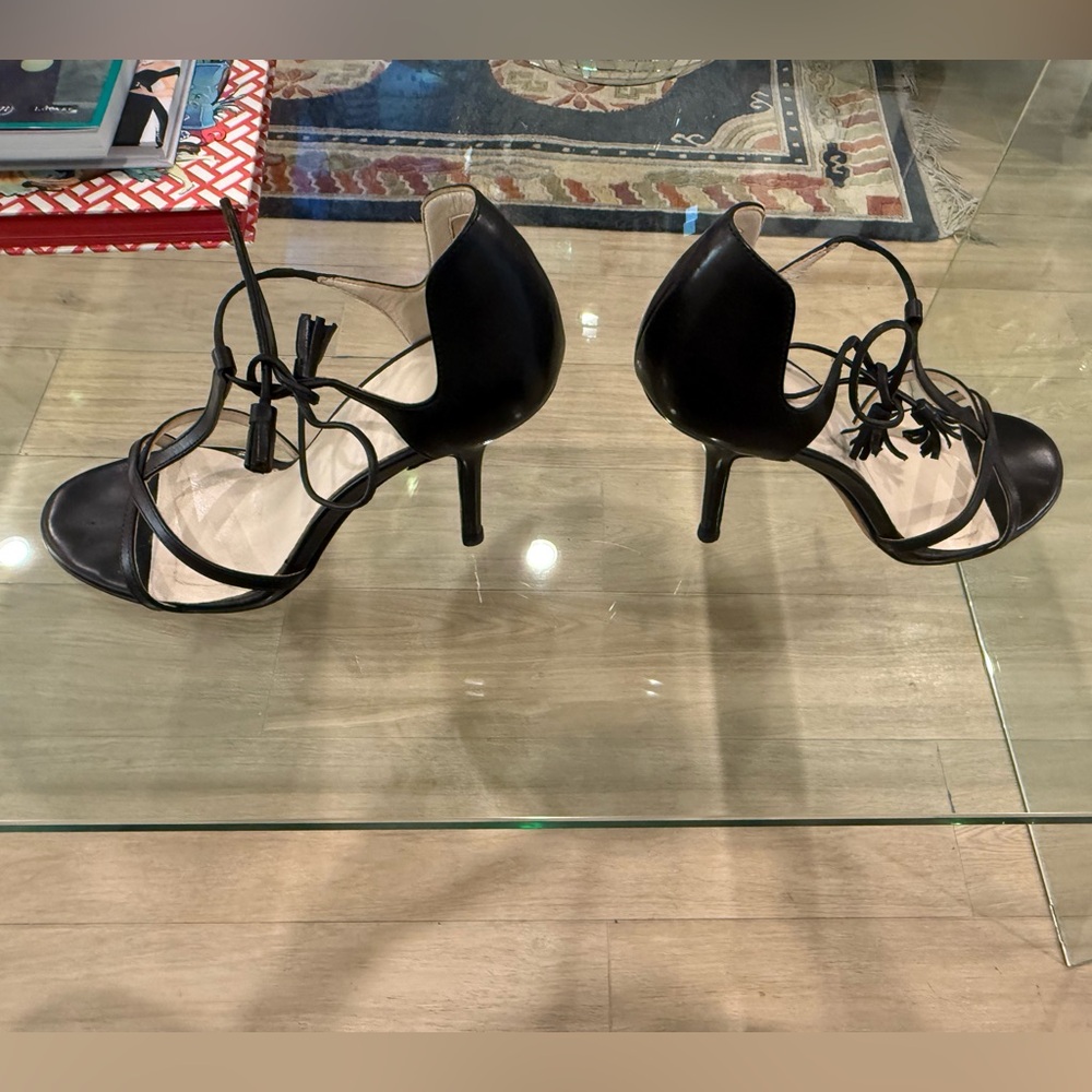 Frances Valentine Valentina Open Toe T-Strap Black Heels - Picture 3 of 8